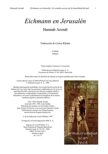 Hannah Arendt: Eichmann en Jerusalén (Spanish language, 2003, Lumen editorial)